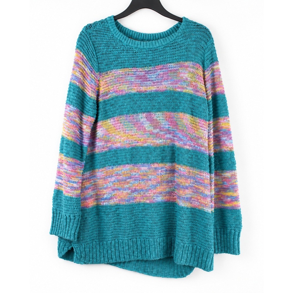 Soft Surroundings Womens XL Teal Multi Striped Open Knit Pullover Sweater